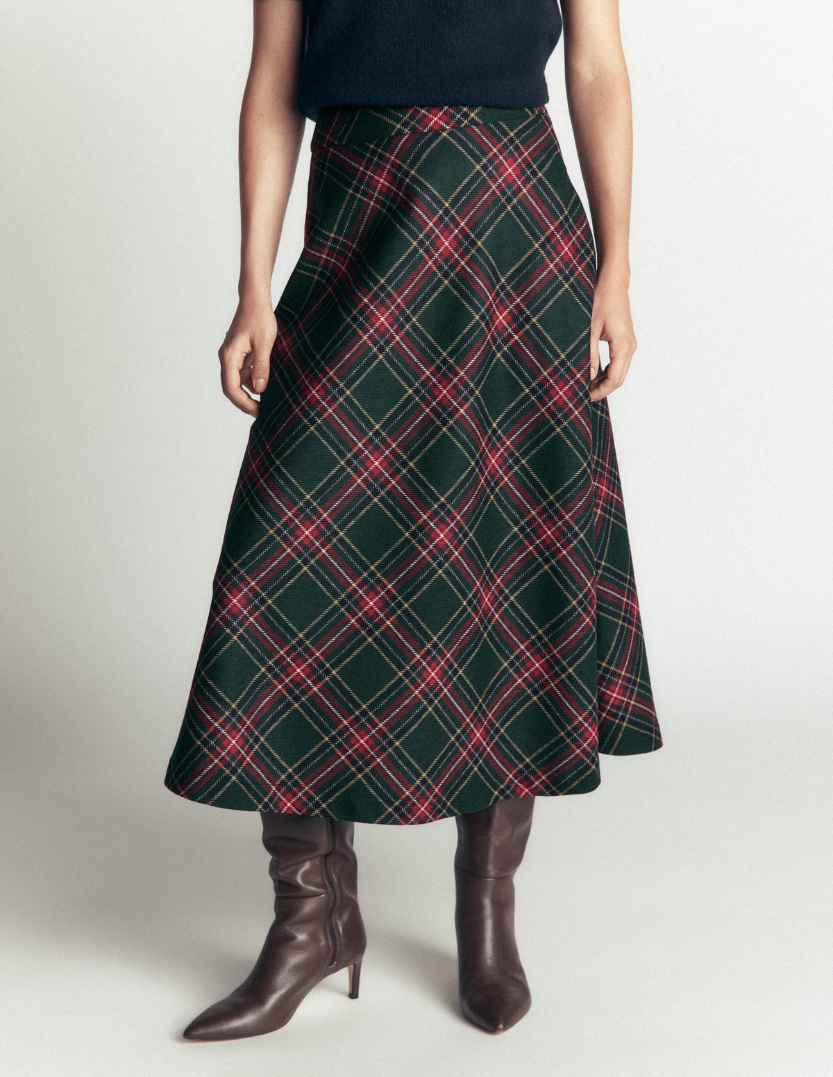 Wool Blend Slip Skirt-Green Check