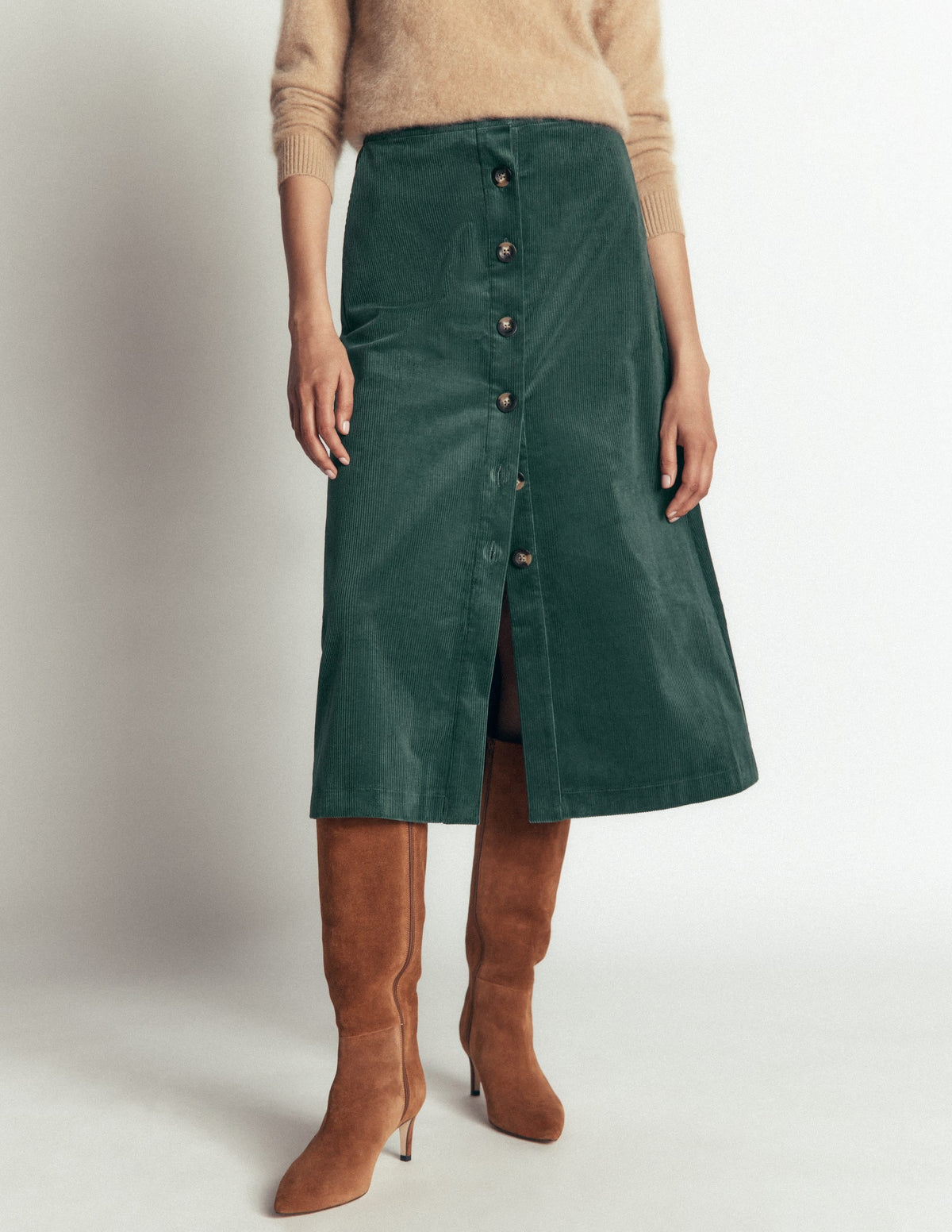Val Button Cord Midi Skirt-Midnight Teal