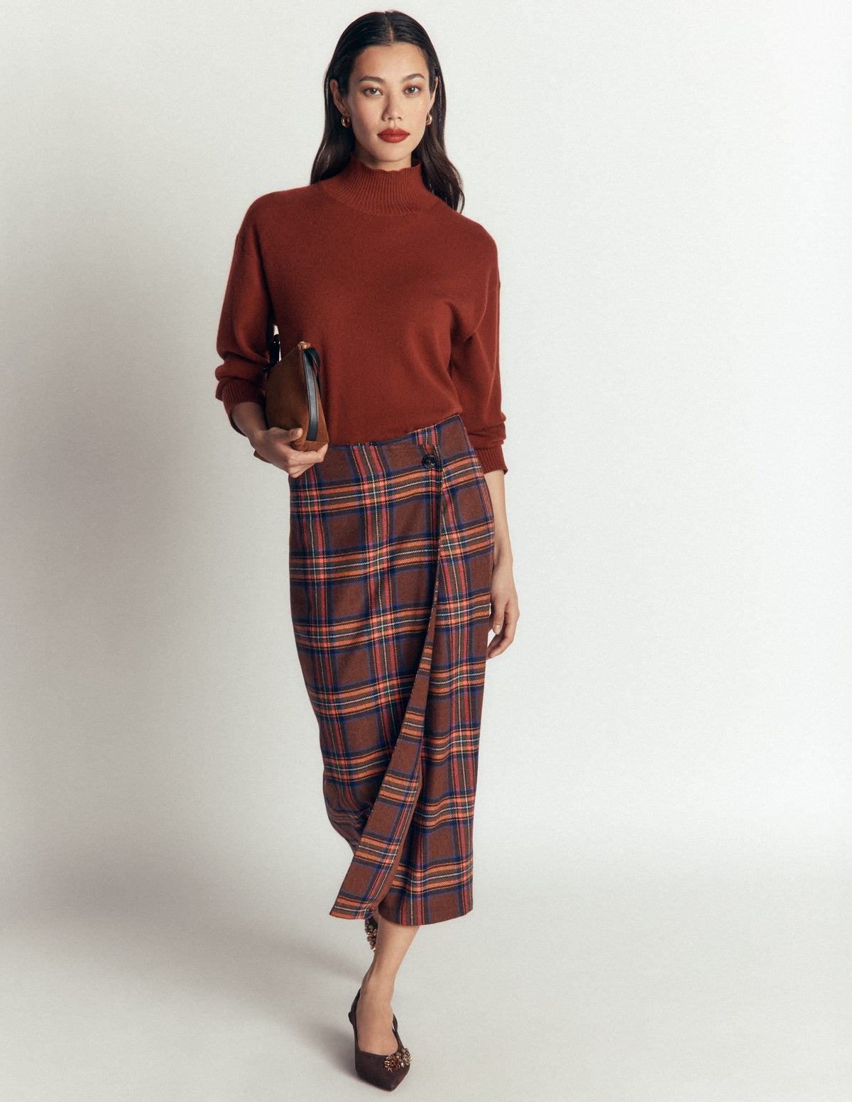 Column Wrap Skirt-Brown, Blue and Orange Check