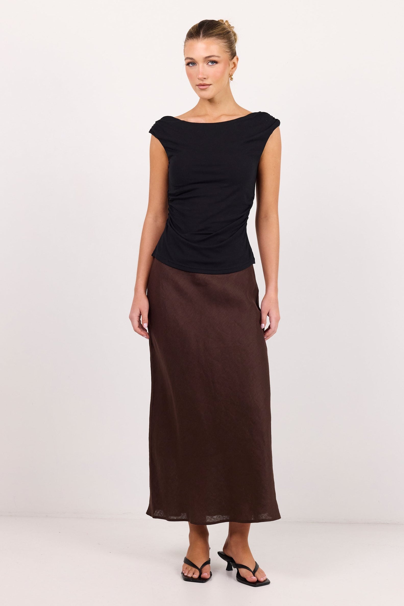 Bliss Dark Chocolate Linen Bias Midi Skirt