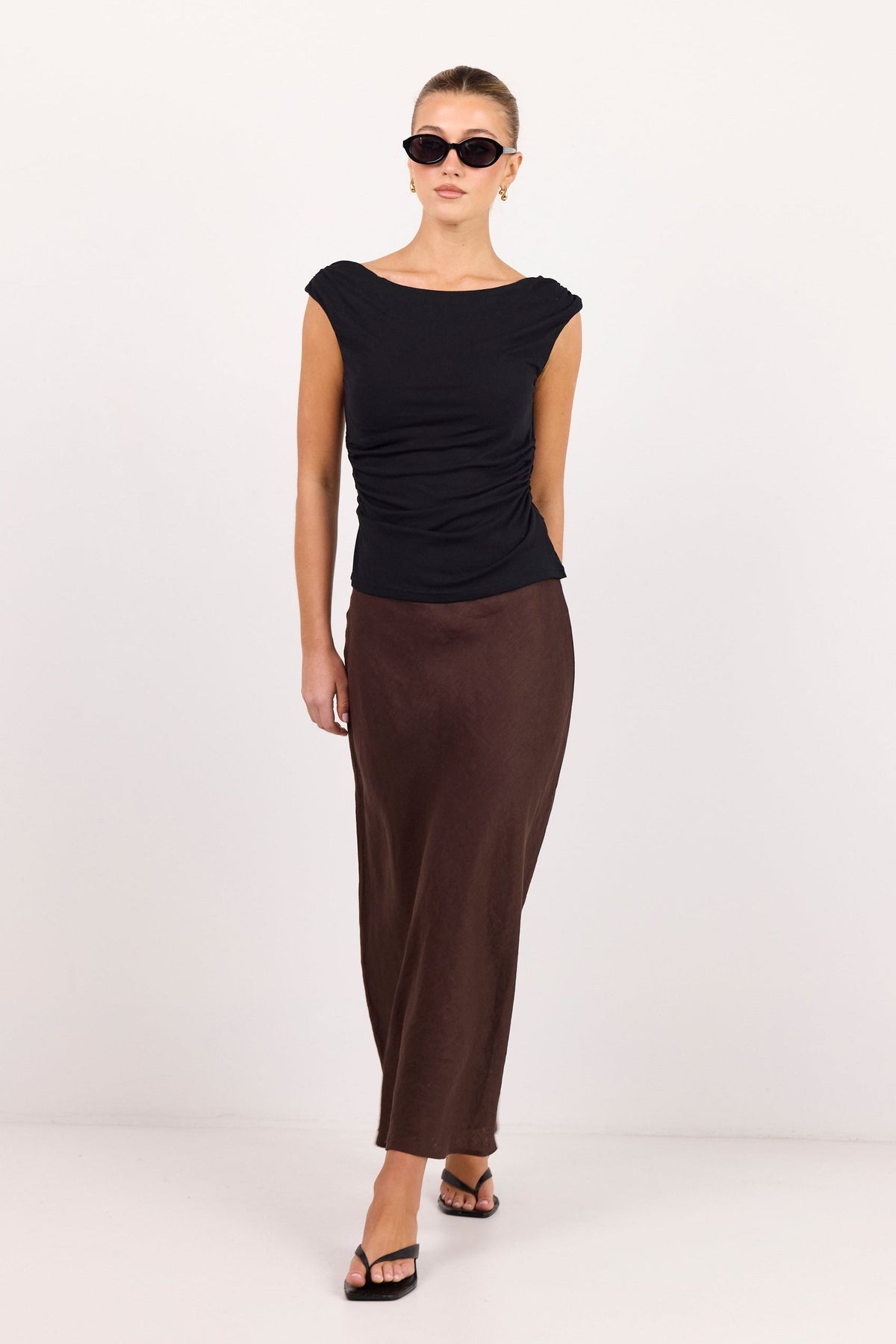 Bliss Dark Chocolate Linen Bias Midi Skirt