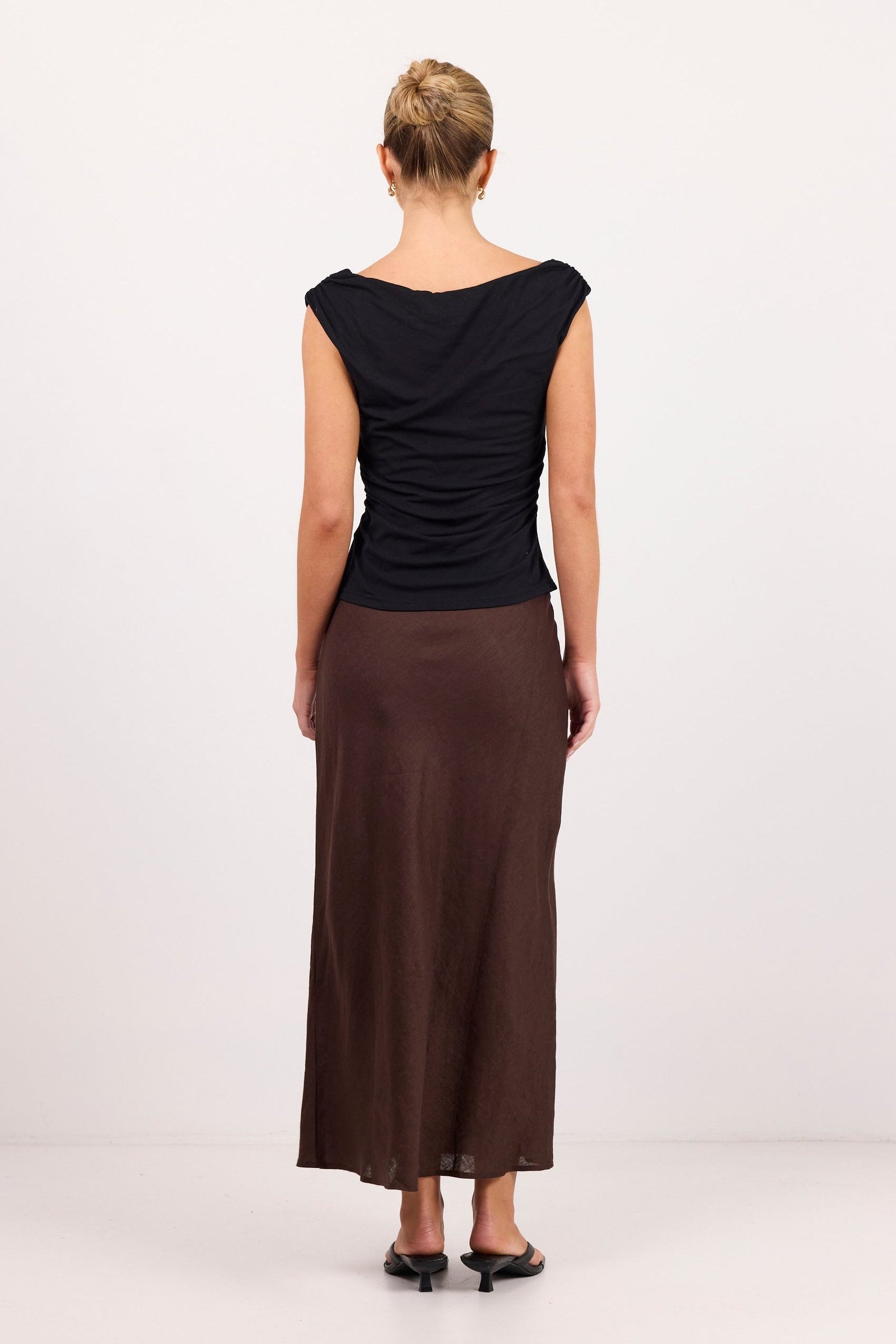 Bliss Dark Chocolate Linen Bias Midi Skirt