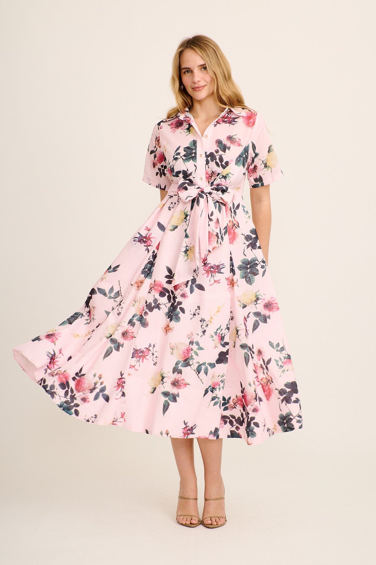 Blooming Poise Maxi Shirt Dress in Pink Floral Linen Blend