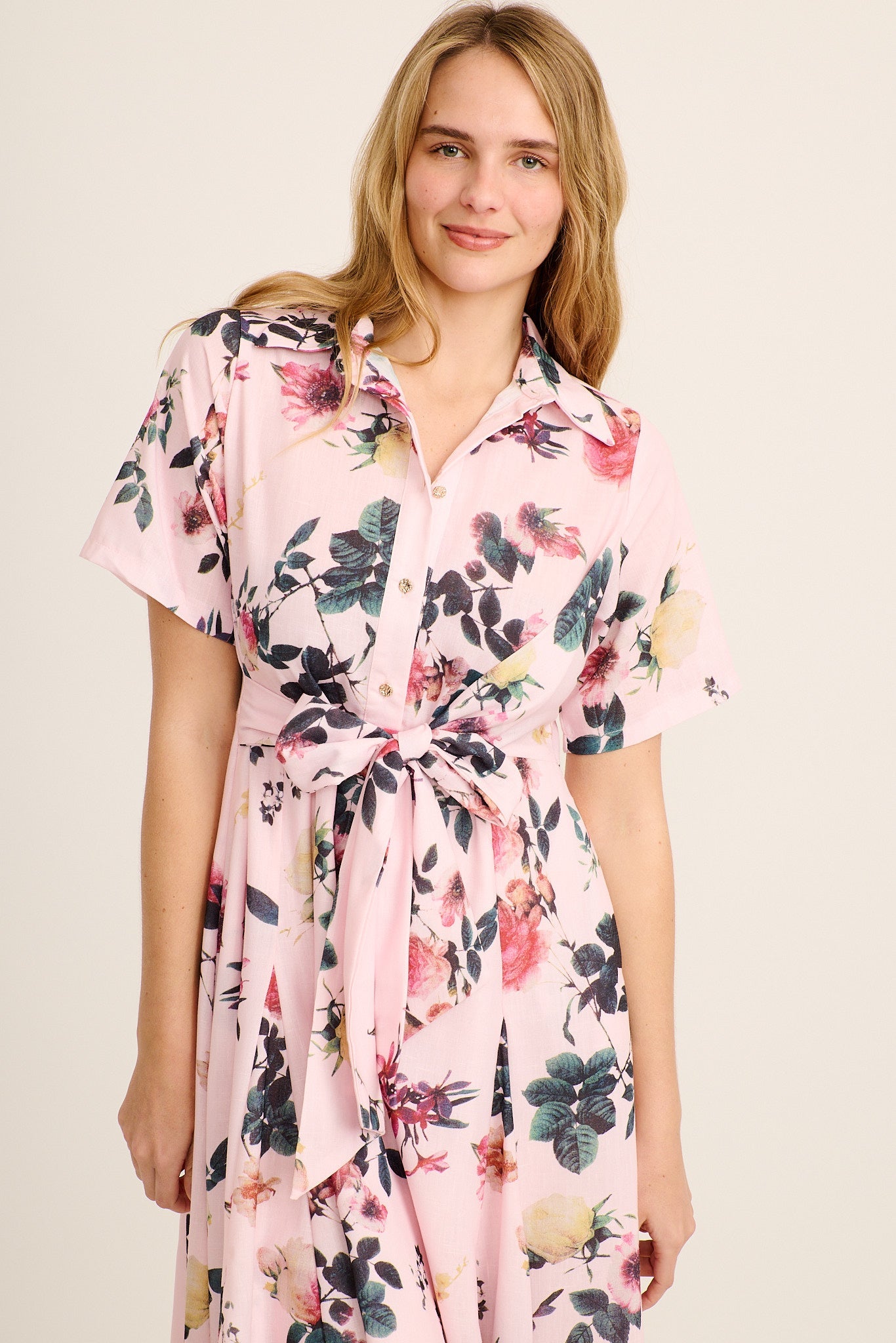Blooming Poise Maxi Shirt Dress in Pink Floral Linen Blend
