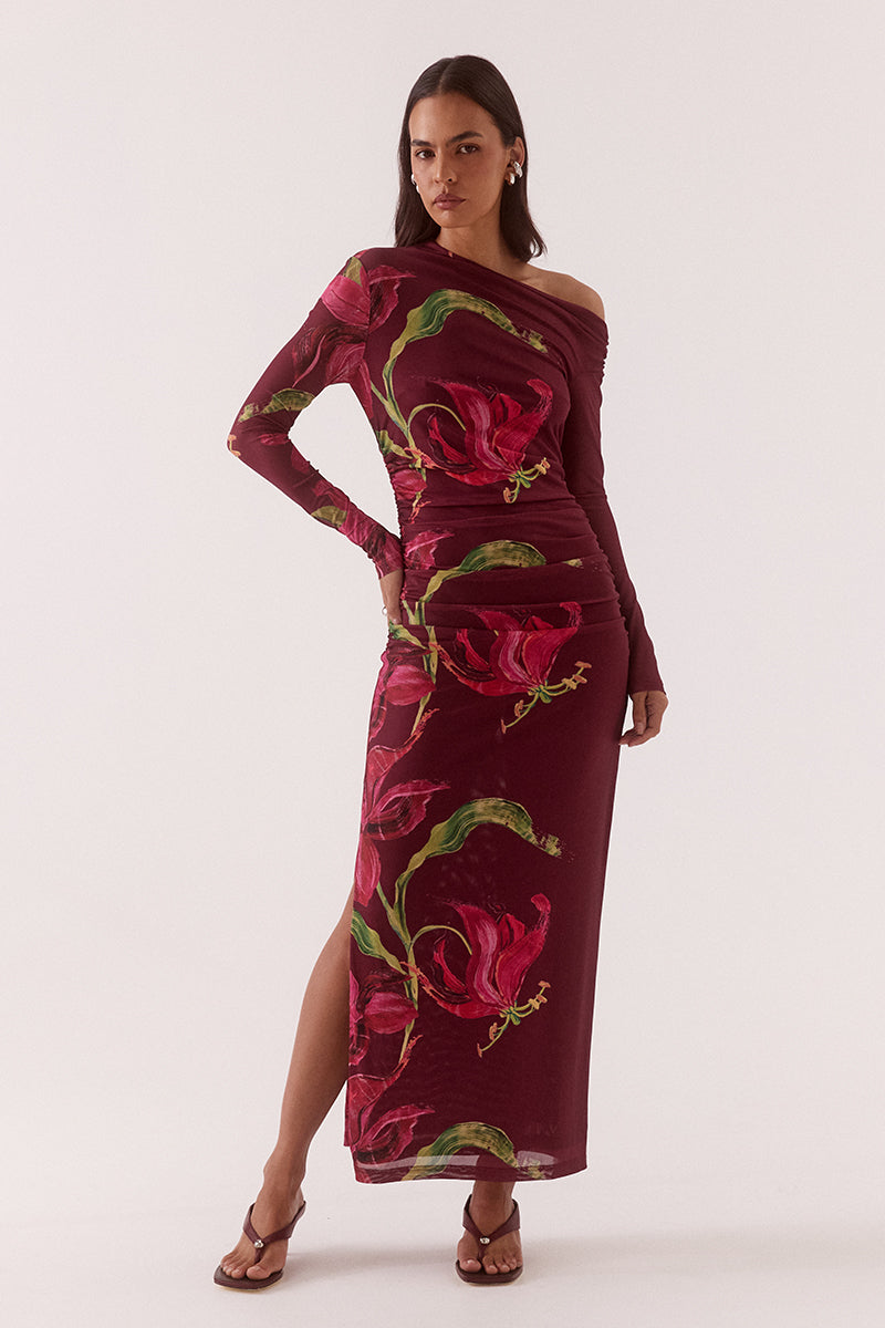 Azalea Vino Red Floral Print LS Maxi Dress