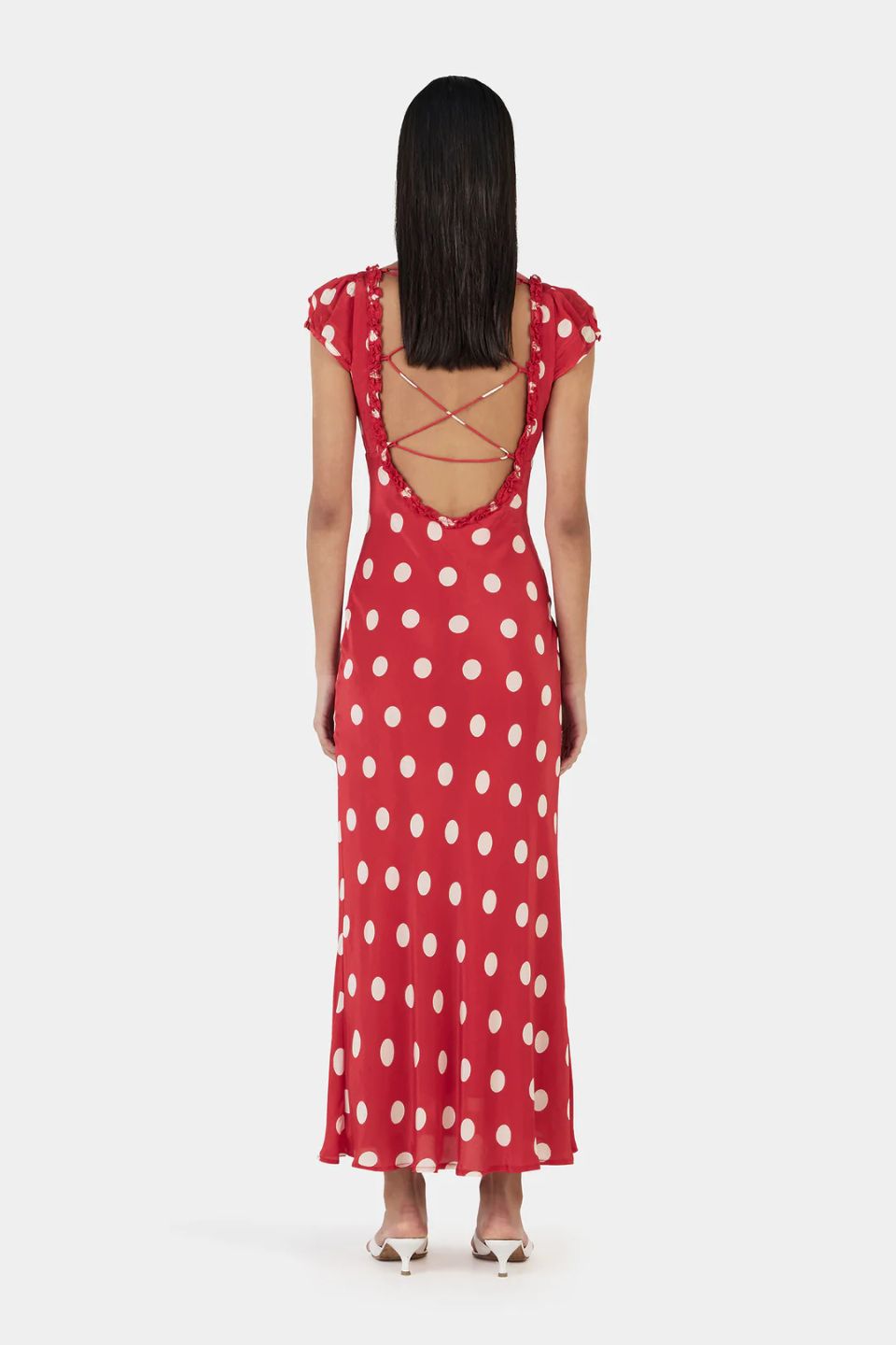 Carlita Red Polka SS Back Tie Midi Dress