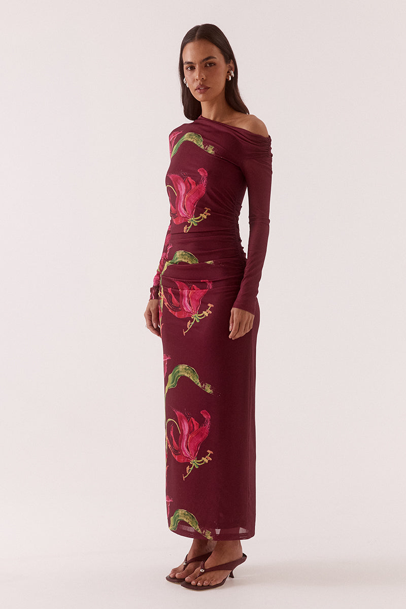 Azalea Vino Red Floral Print LS Maxi Dress