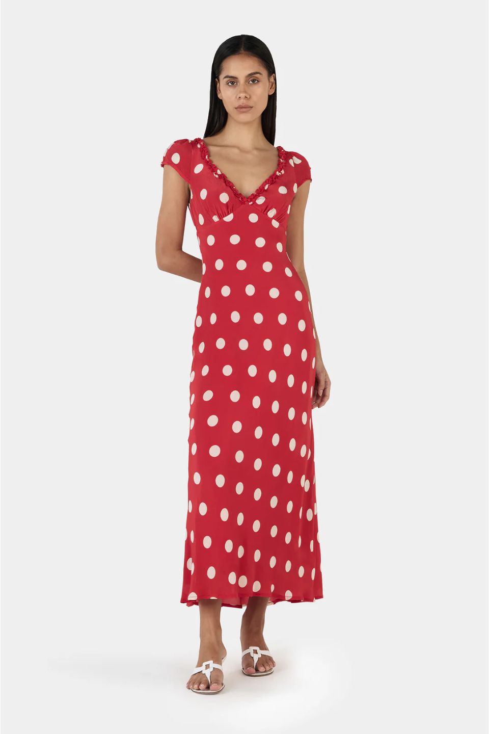 Carlita Red Polka SS Back Tie Midi Dress