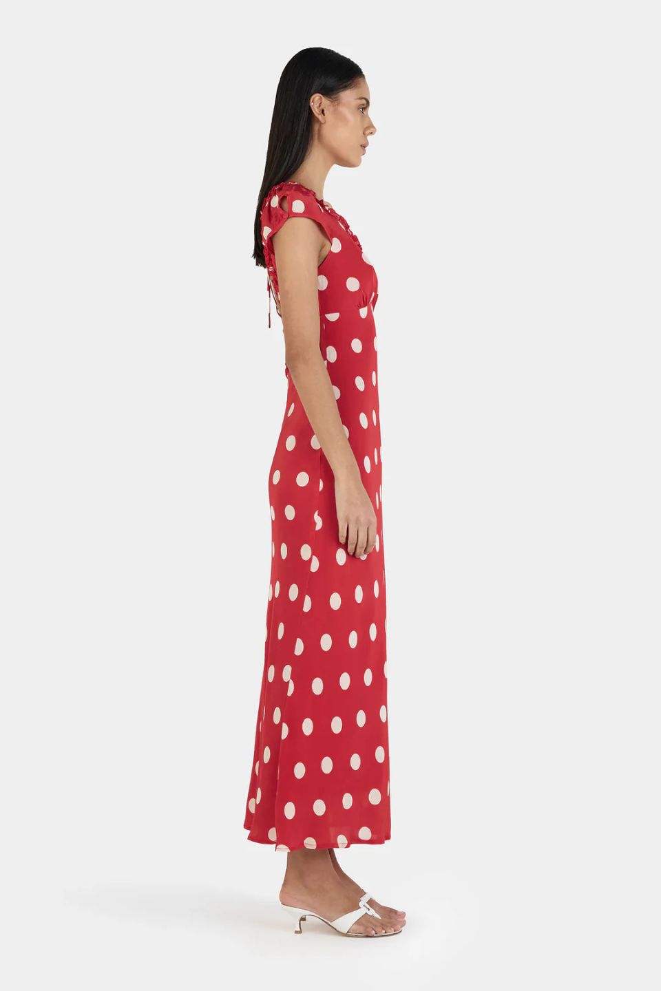 Carlita Red Polka SS Back Tie Midi Dress