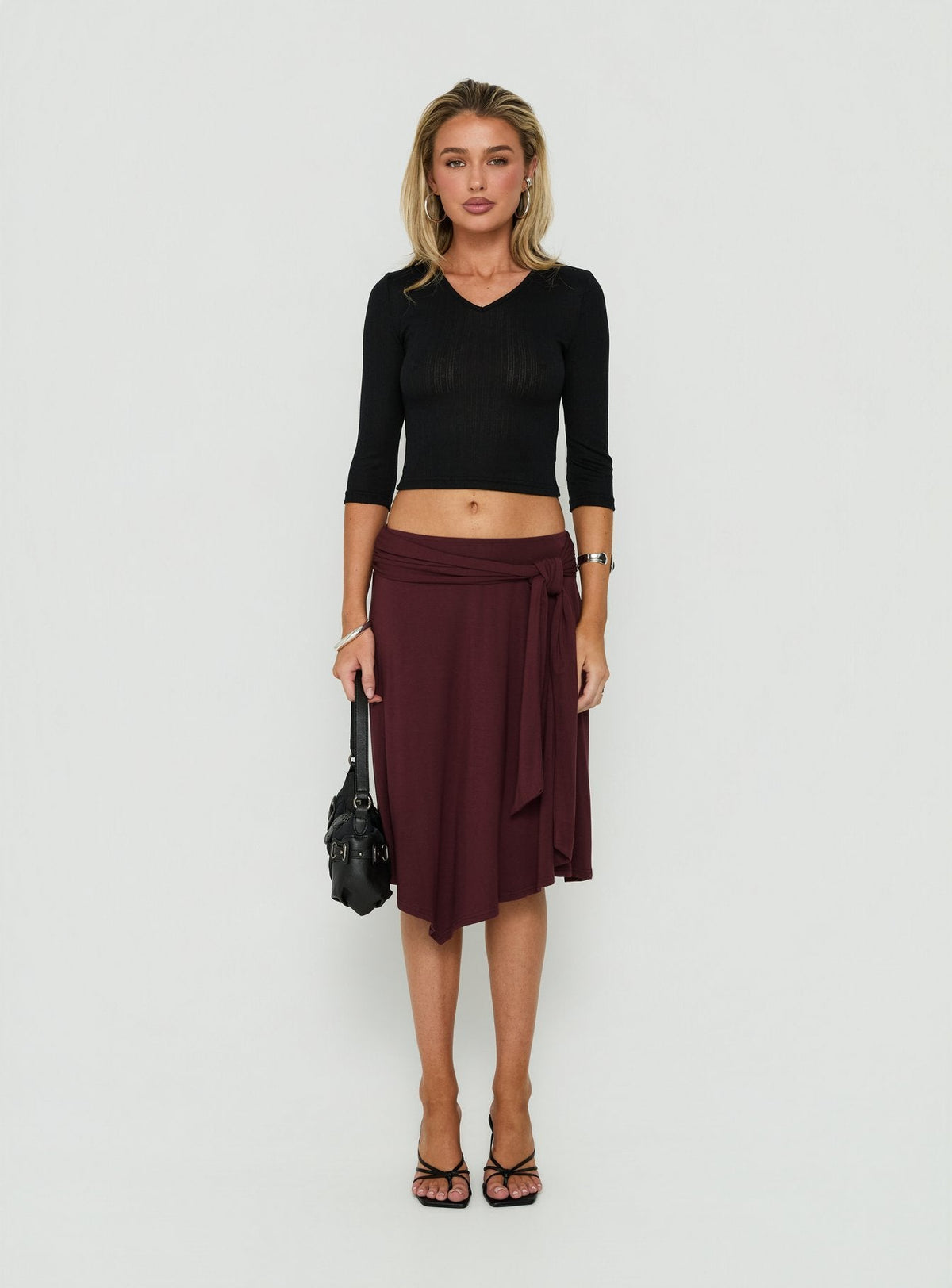 Soft Focus Tie Waist Midi Skirt Plum Noir