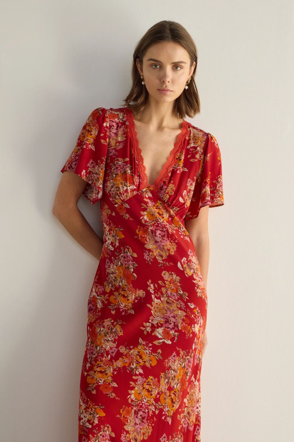 Calais Red Floral Flutter Sleeve Lace V Neck Midi Dress