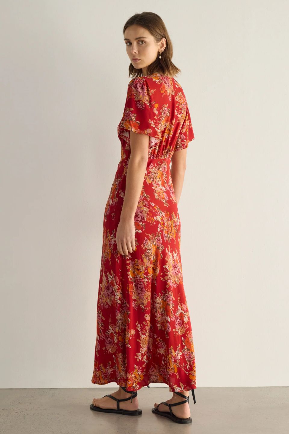 Calais Red Floral Flutter Sleeve Lace V Neck Midi Dress