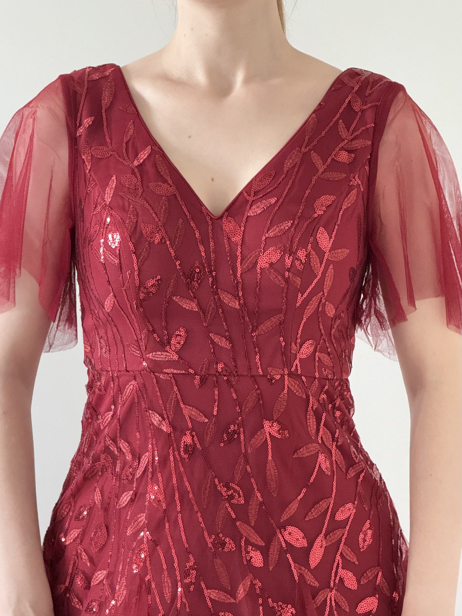 ever ASTRAL|Ruffle Sleeves Leaf Sequin Maxi Bridesmaid Dress