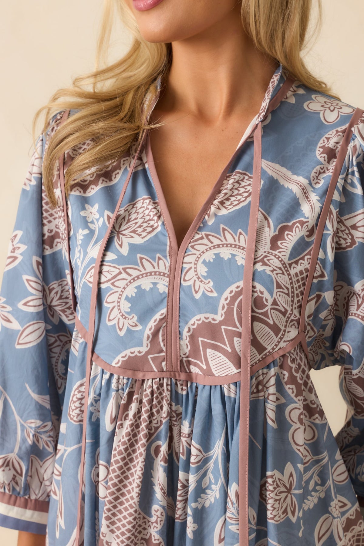 Crisp Morning Air Ash Blue Floral Cotton Quarter Sleeve Mini Dress