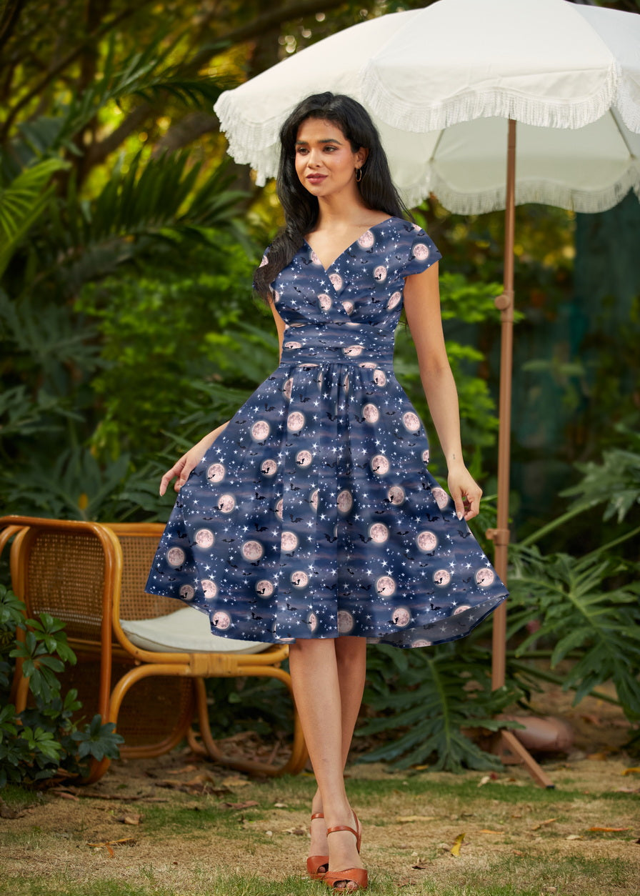 Greta Surplice Dress Bat Moon