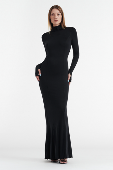 Audrey Turtleneck Long Sleeve Maxi Dress - Black