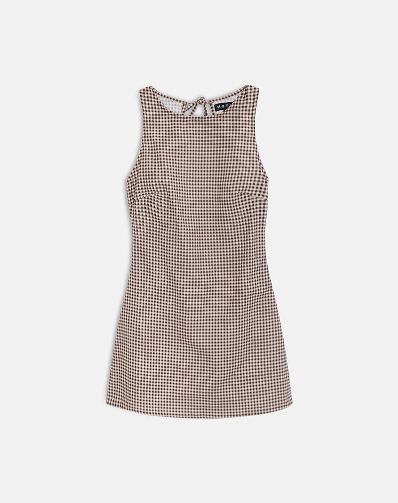 Ayana Backless Mini Dress in Linen Brown Gingham