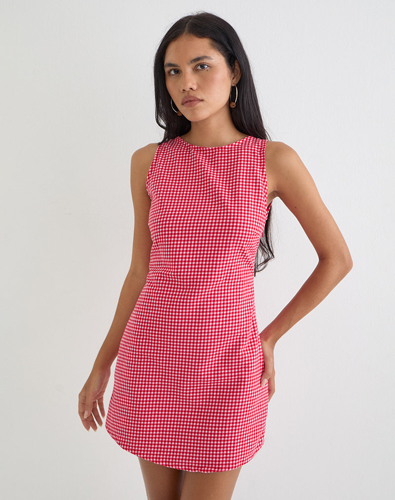 Ayana Backless Mini Dress in Linen Red Gingham