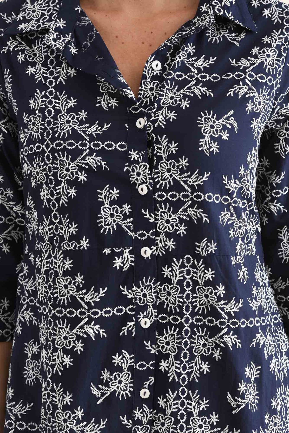 Acala Navy Cotton Embroidered Dress