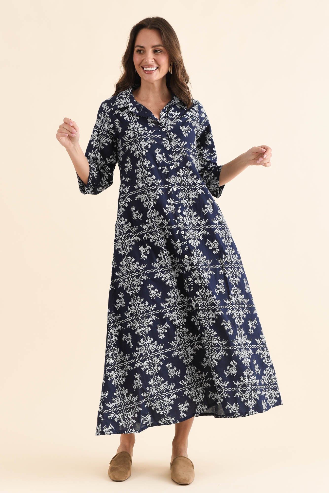 Acala Navy Cotton Embroidered Dress