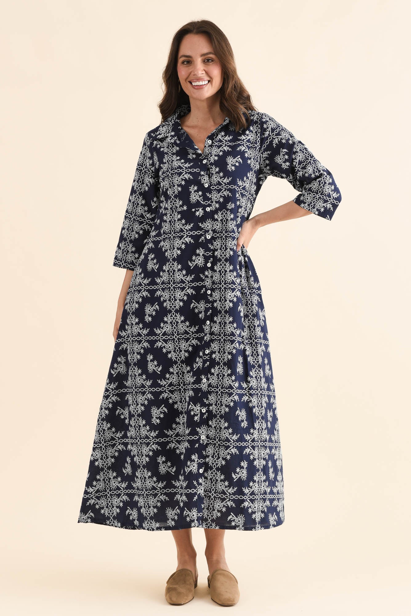 Acala Navy Cotton Embroidered Dress