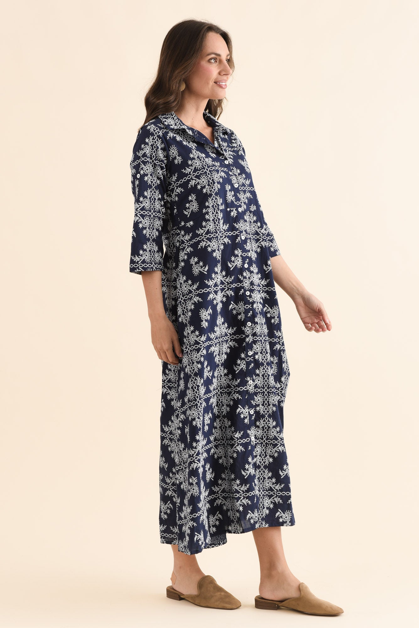 Acala Navy Cotton Embroidered Dress