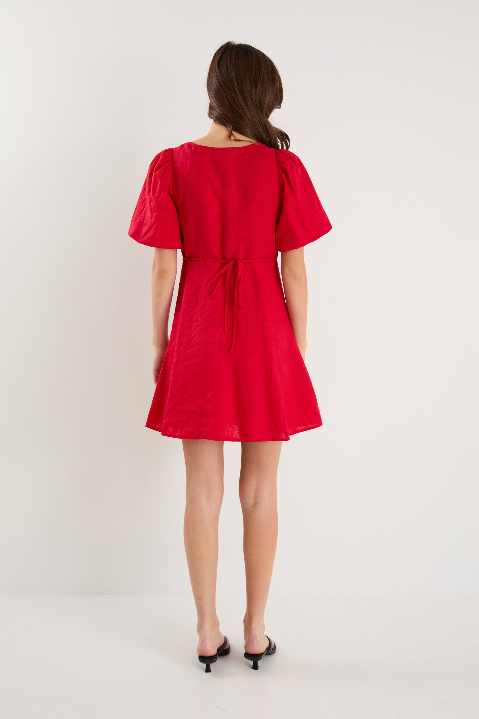 Adelaide Cherry Linen Puff Sleeve Panelled Mini Dress