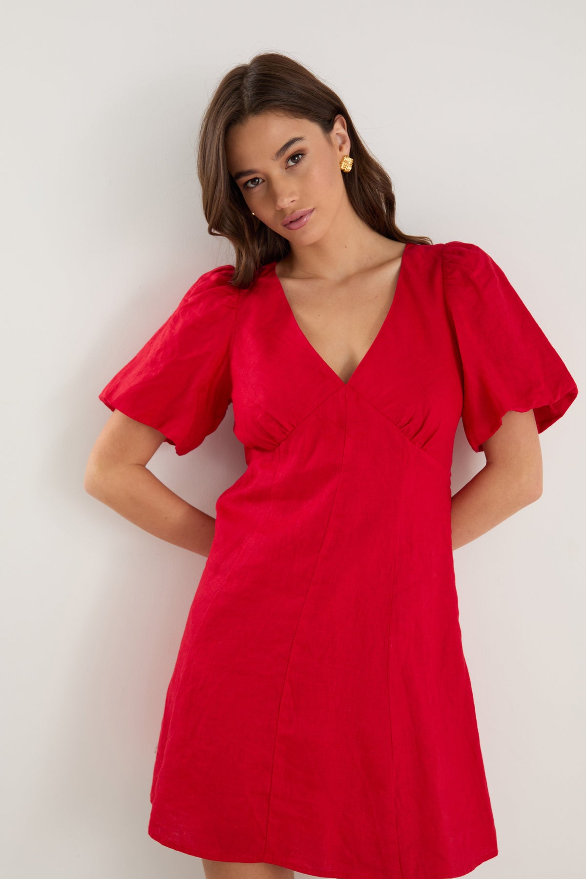 Adelaide Cherry Linen Puff Sleeve Panelled Mini Dress