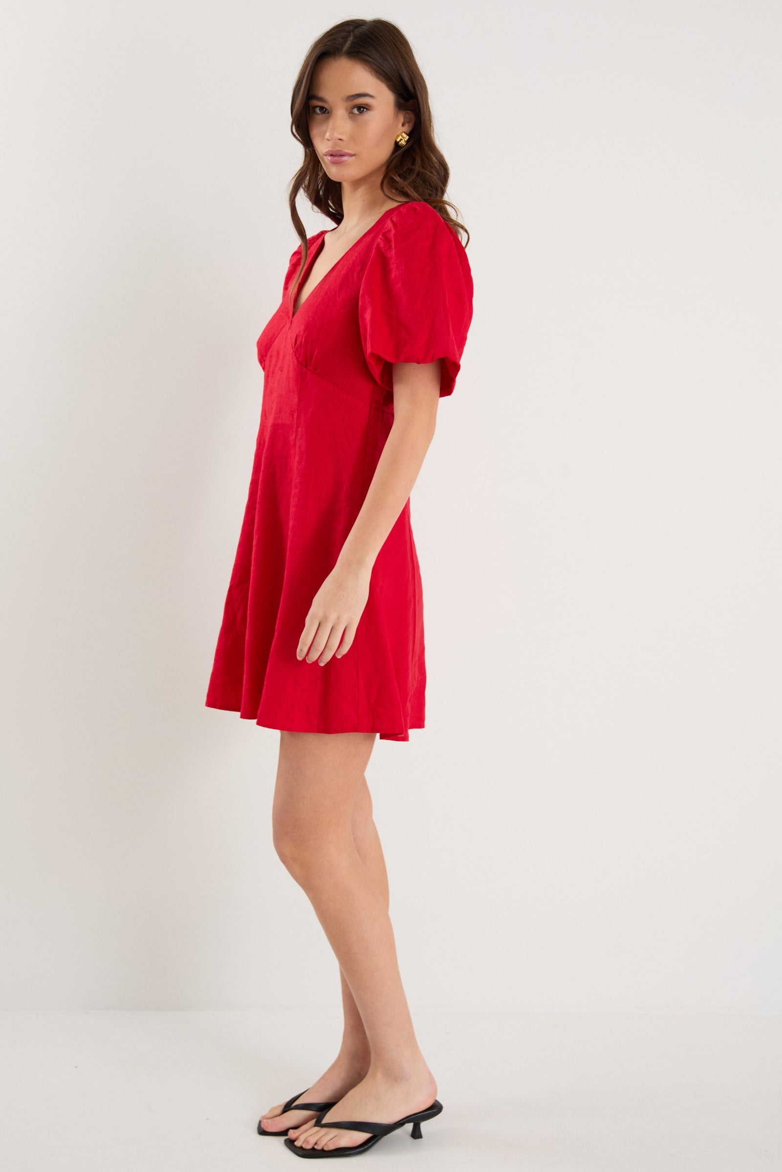 Adelaide Cherry Linen Puff Sleeve Panelled Mini Dress