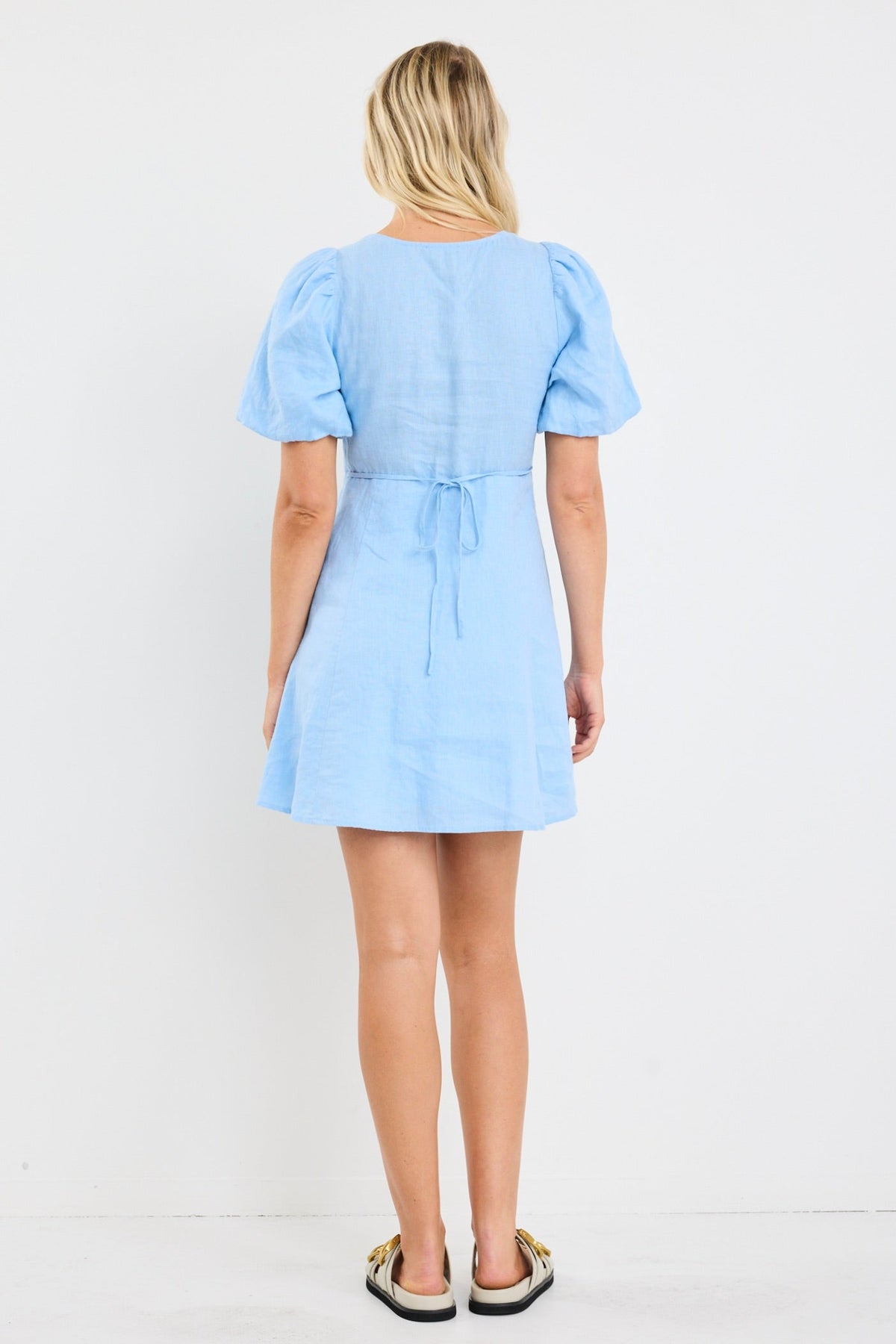 Adelaide Sky Blue Linen Puff Sleeve Panelled Mini Dress