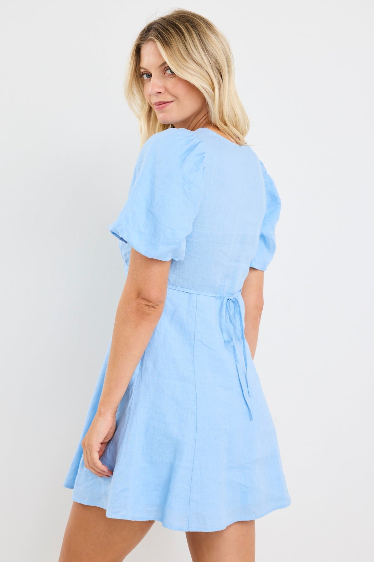 Adelaide Sky Blue Linen Puff Sleeve Panelled Mini Dress