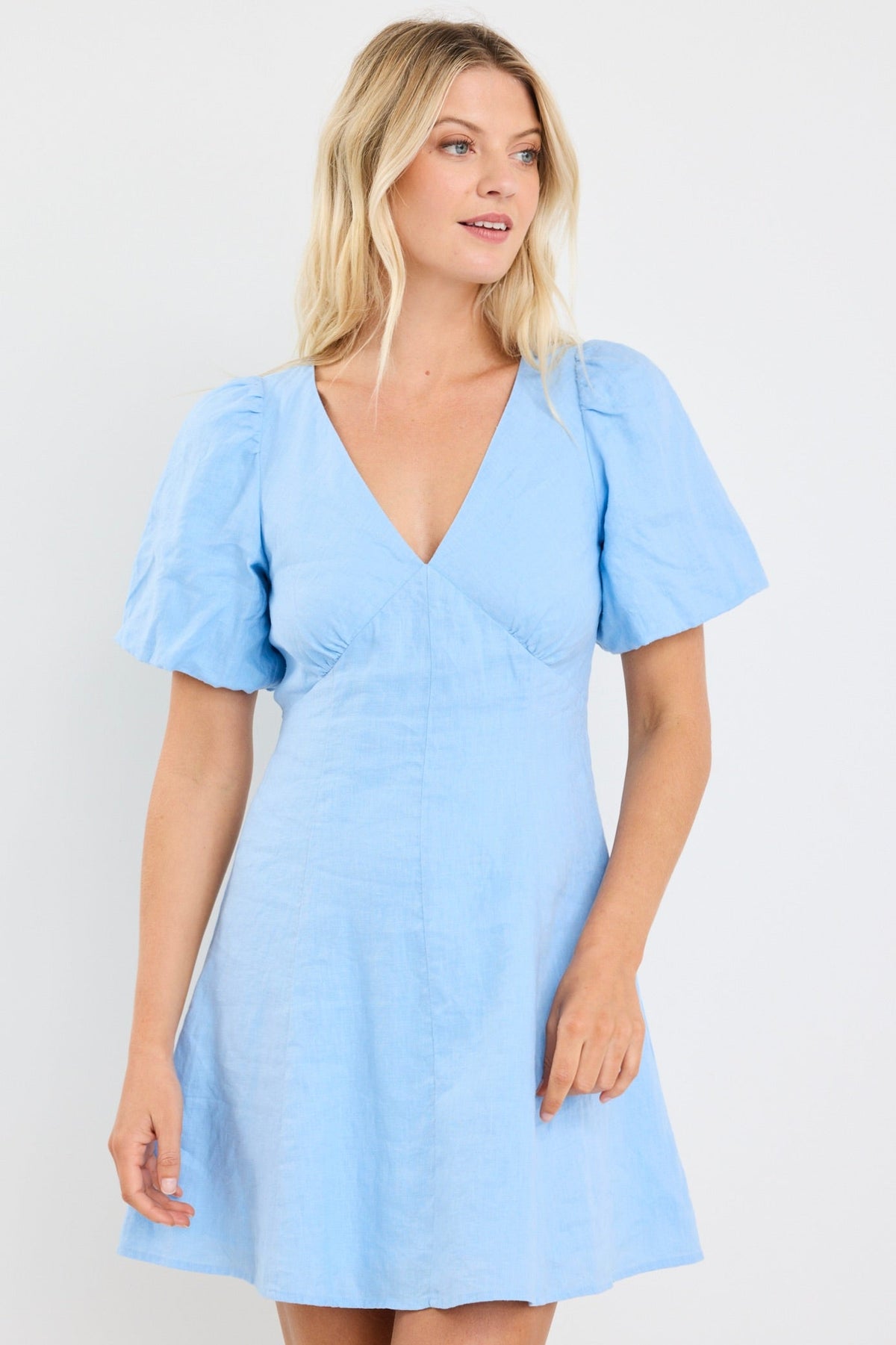 Adelaide Sky Blue Linen Puff Sleeve Panelled Mini Dress