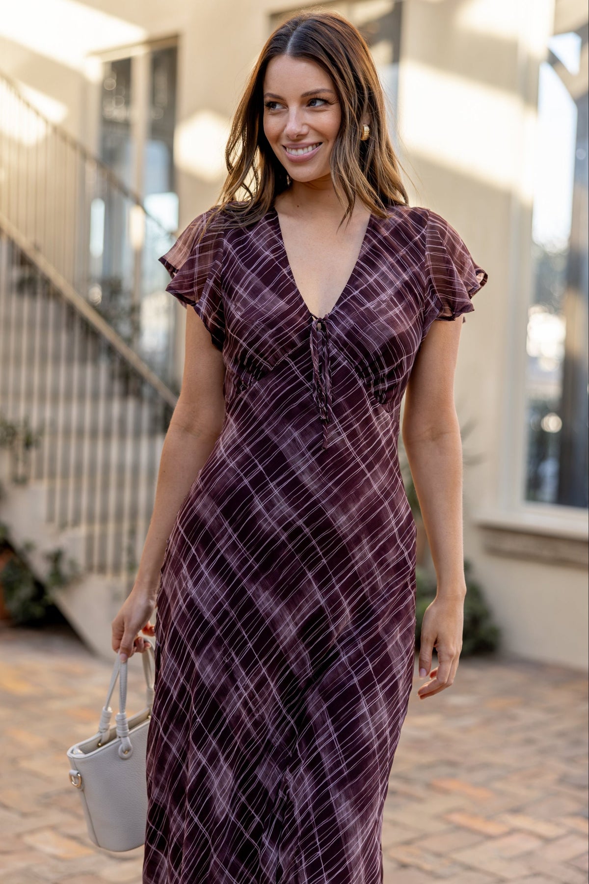 Admiration Burgundy Check Print Georgette Flutter Sleeve Maxi Dress