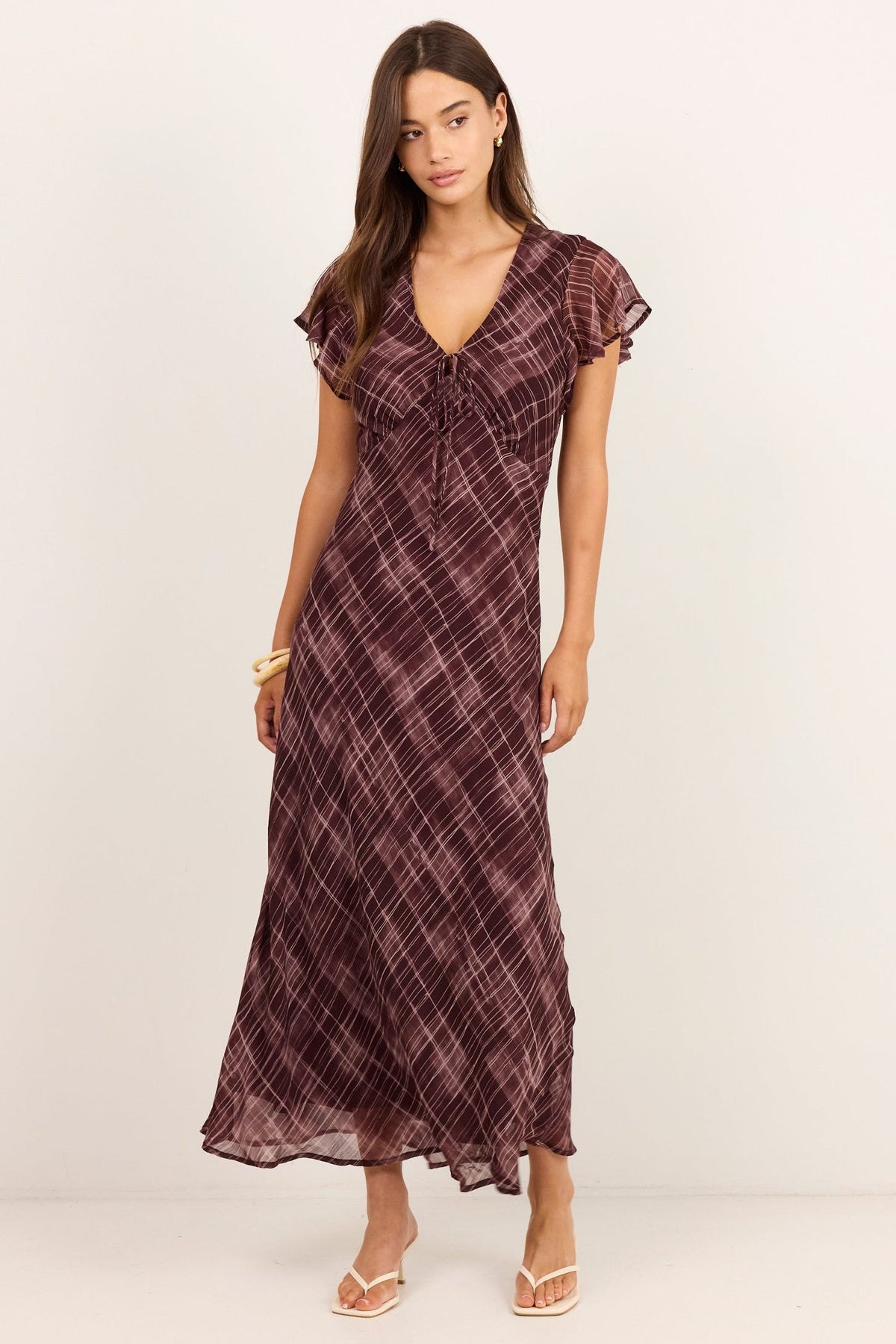 Admiration Burgundy Check Print Georgette Flutter Sleeve Maxi Dress