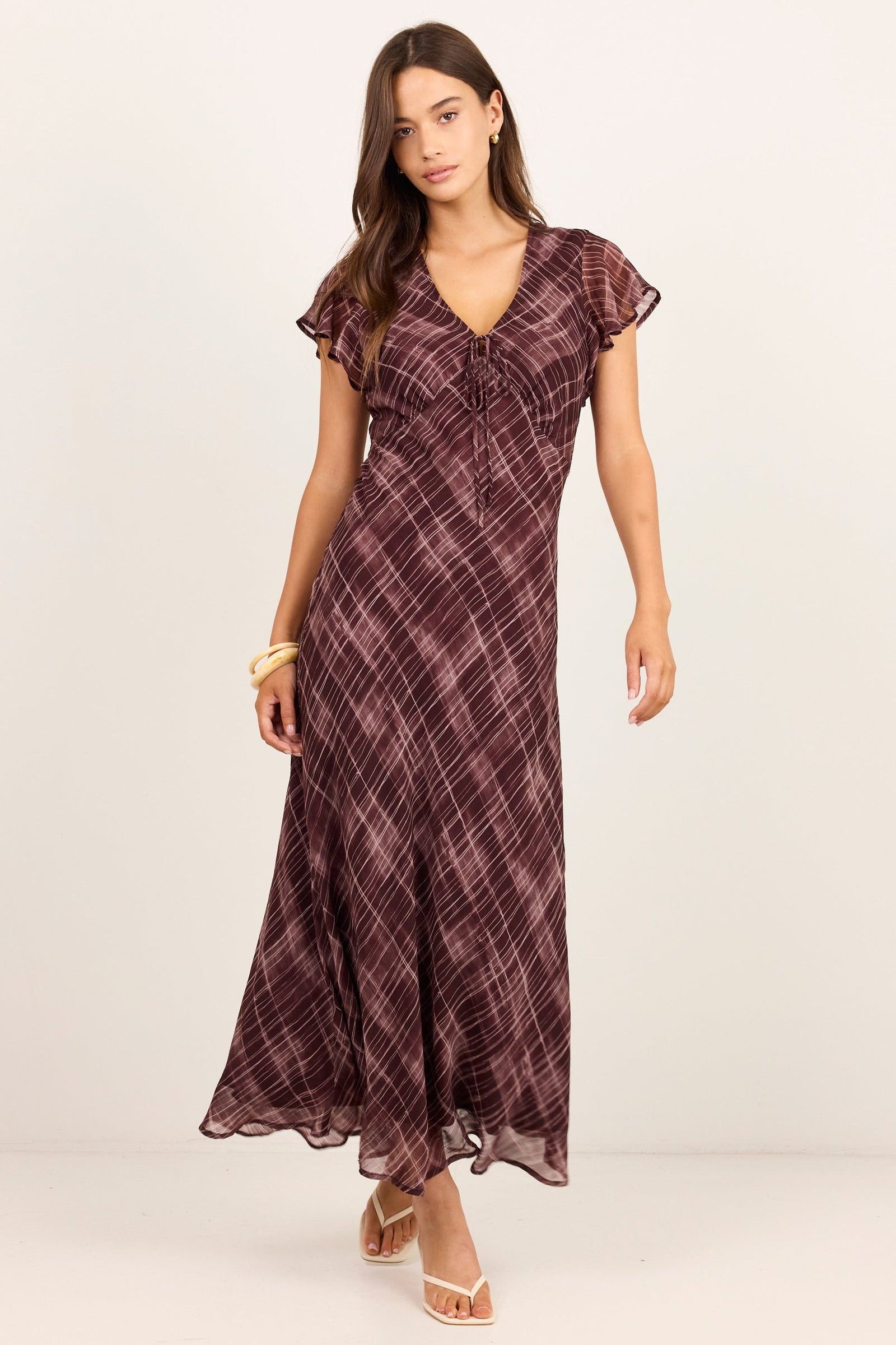 Admiration Burgundy Check Print Georgette Flutter Sleeve Maxi Dress