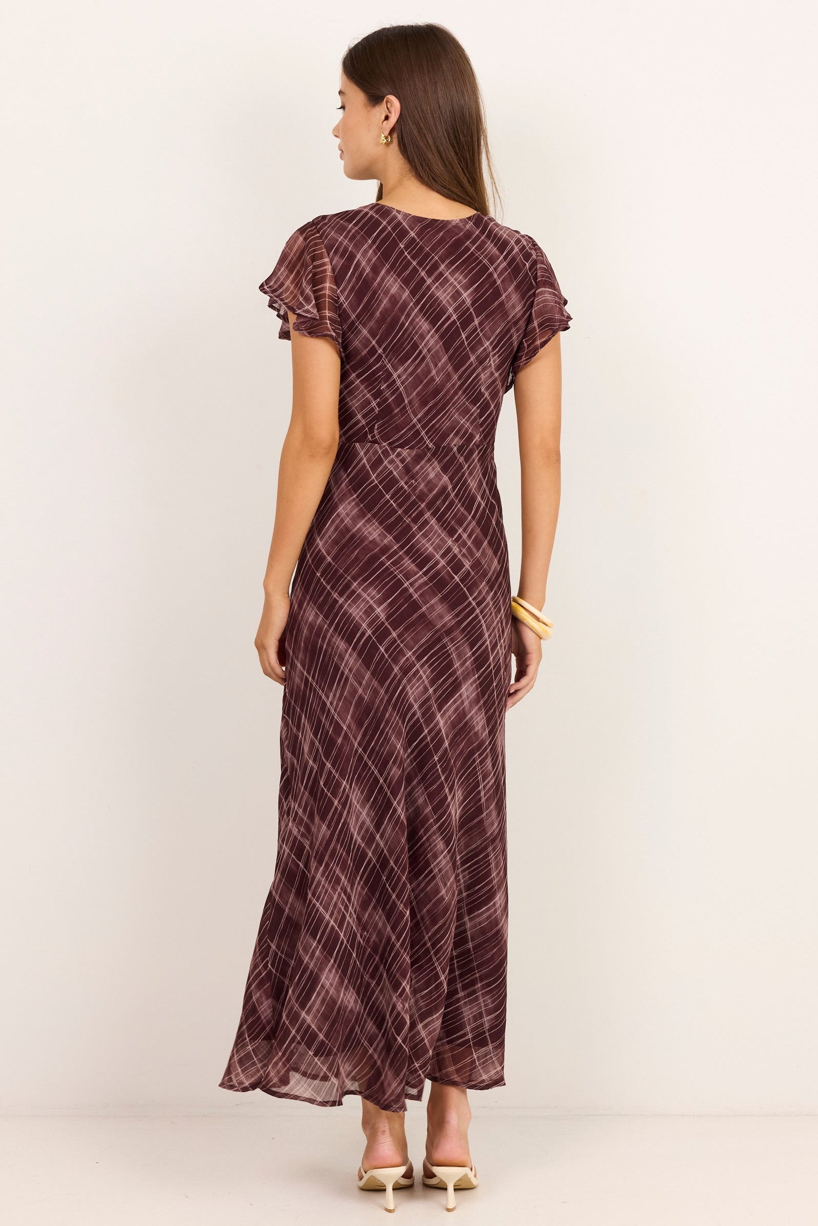 Admiration Burgundy Check Print Georgette Flutter Sleeve Maxi Dress