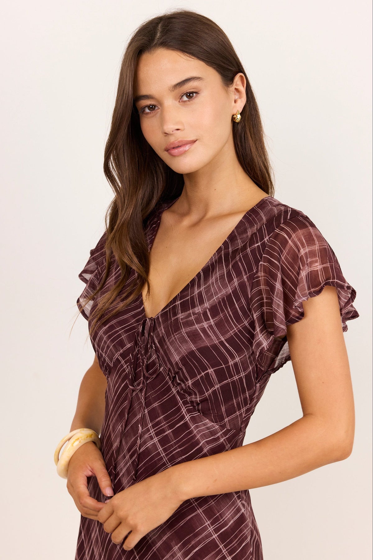Admiration Burgundy Check Print Georgette Flutter Sleeve Maxi Dress