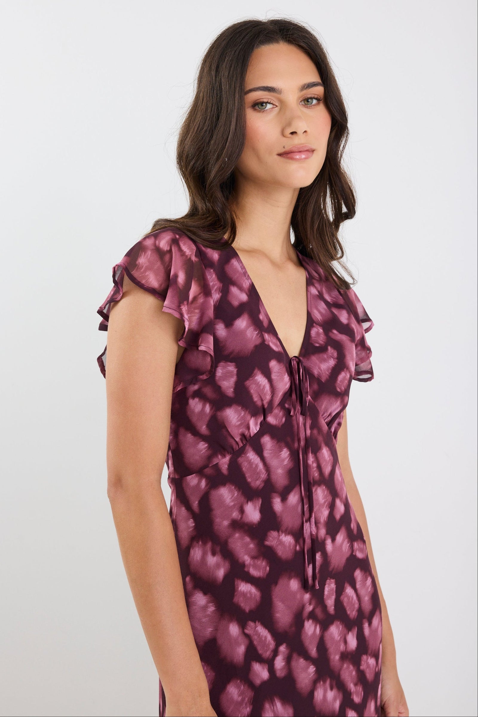 Admiration Burgundy Smudge Print Georgette Flutter Sleeve Maxi Dress