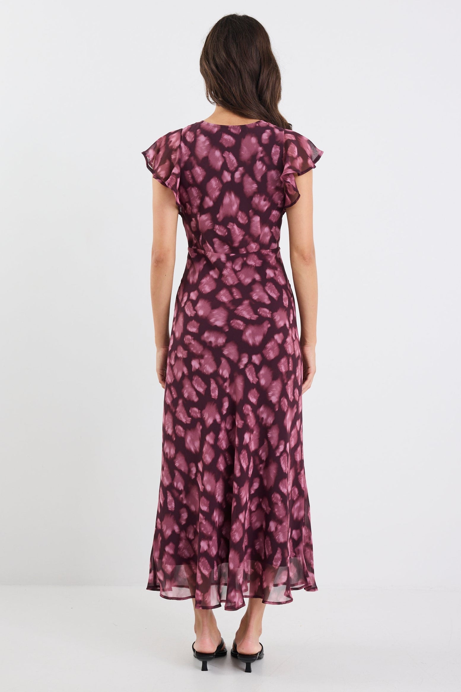 Admiration Burgundy Smudge Print Georgette Flutter Sleeve Maxi Dress