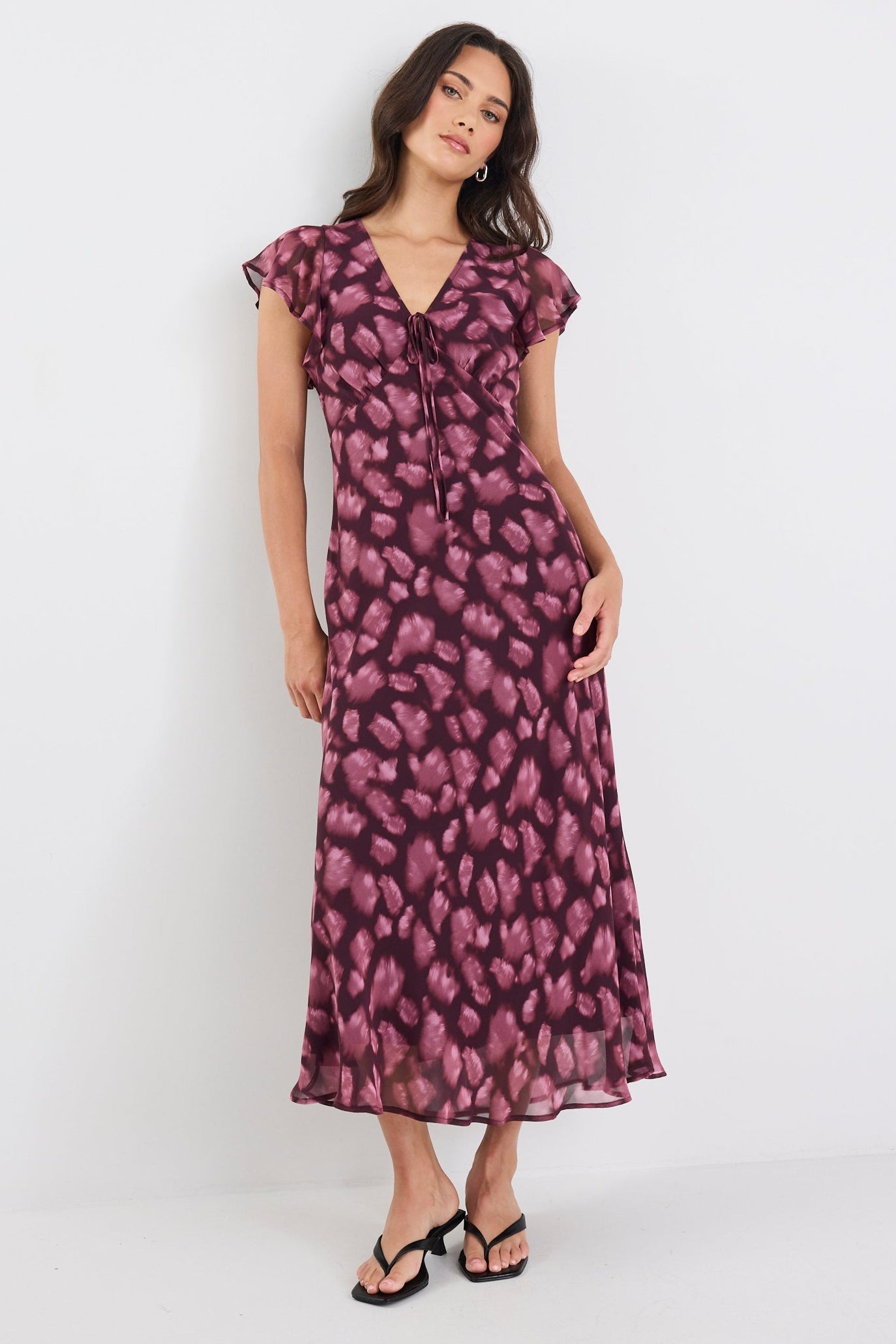 Admiration Burgundy Smudge Print Georgette Flutter Sleeve Maxi Dress