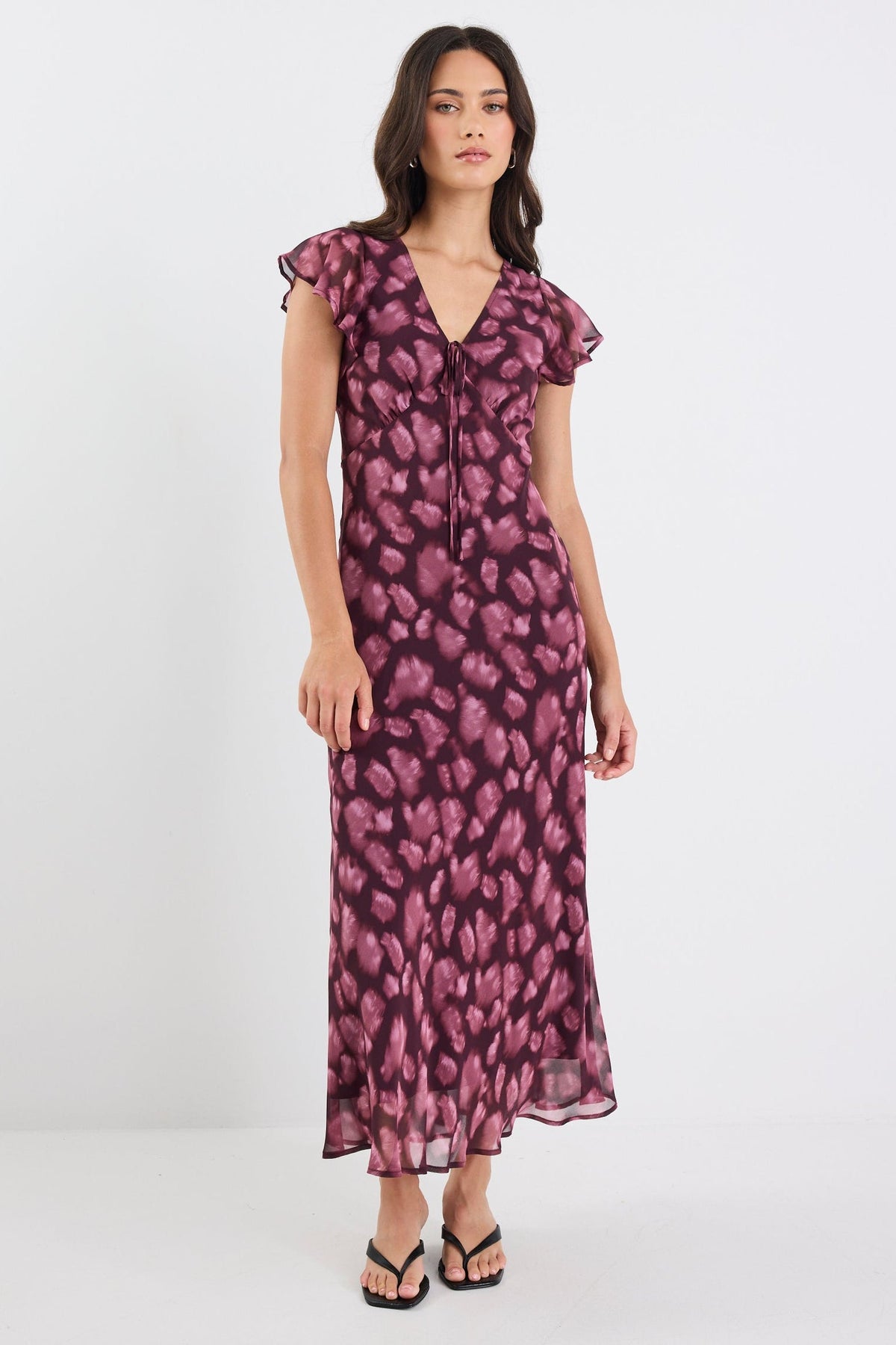 Admiration Burgundy Smudge Print Georgette Flutter Sleeve Maxi Dress
