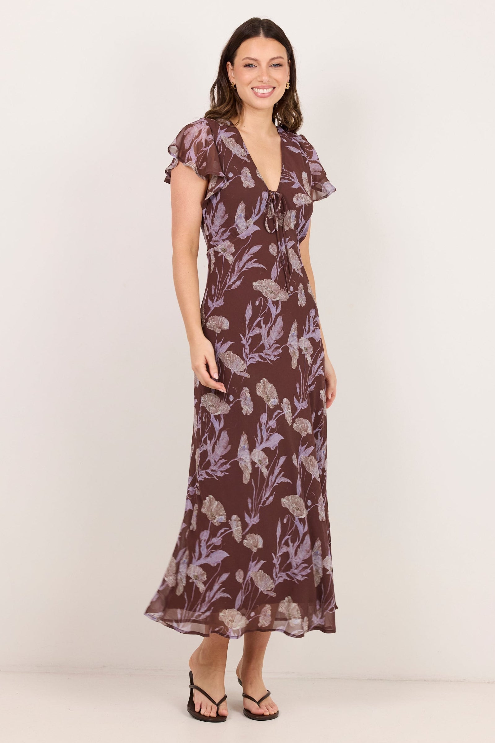 Admiration Chocolate Floral Georgette Flutter Sleeve Maxi Dress