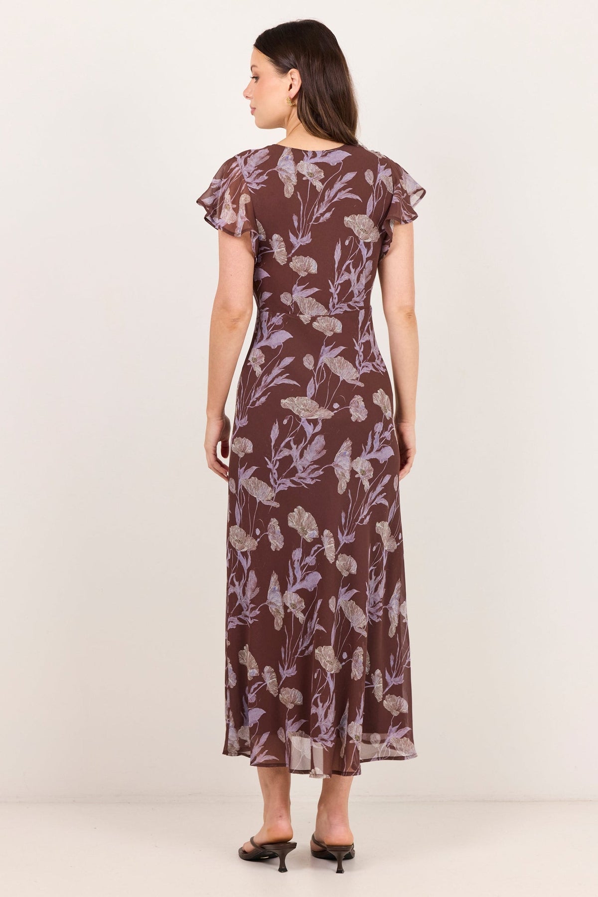 Admiration Chocolate Floral Georgette Flutter Sleeve Maxi Dress