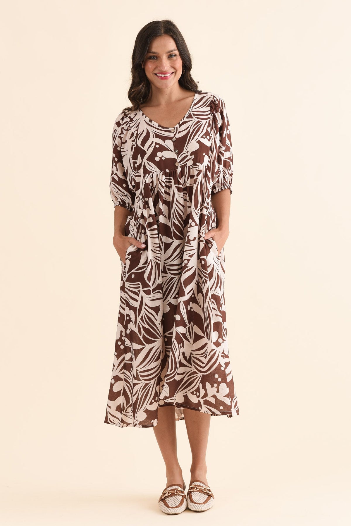 Adwin Chocolate Palm Pocket Dress