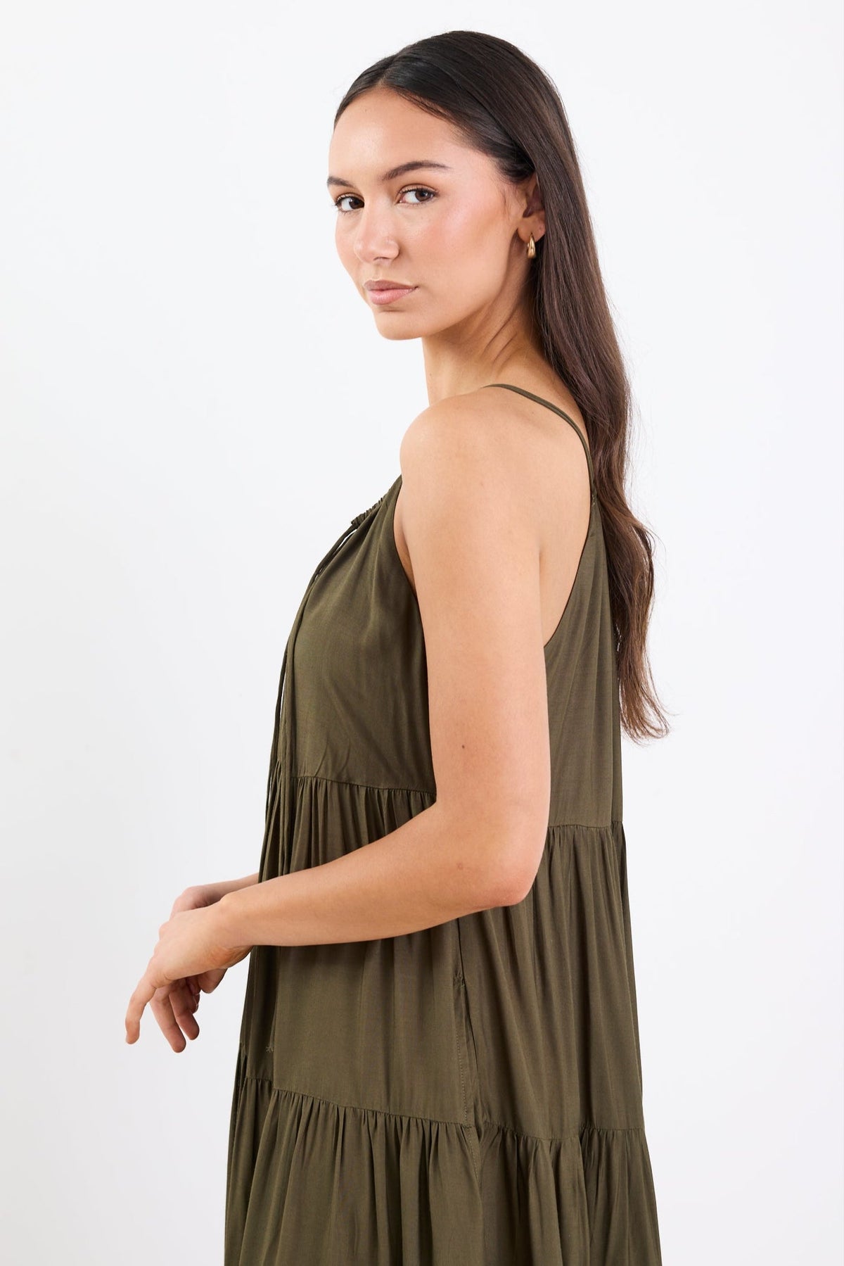 Affair Olive Strappy Tiered Maxi Dress