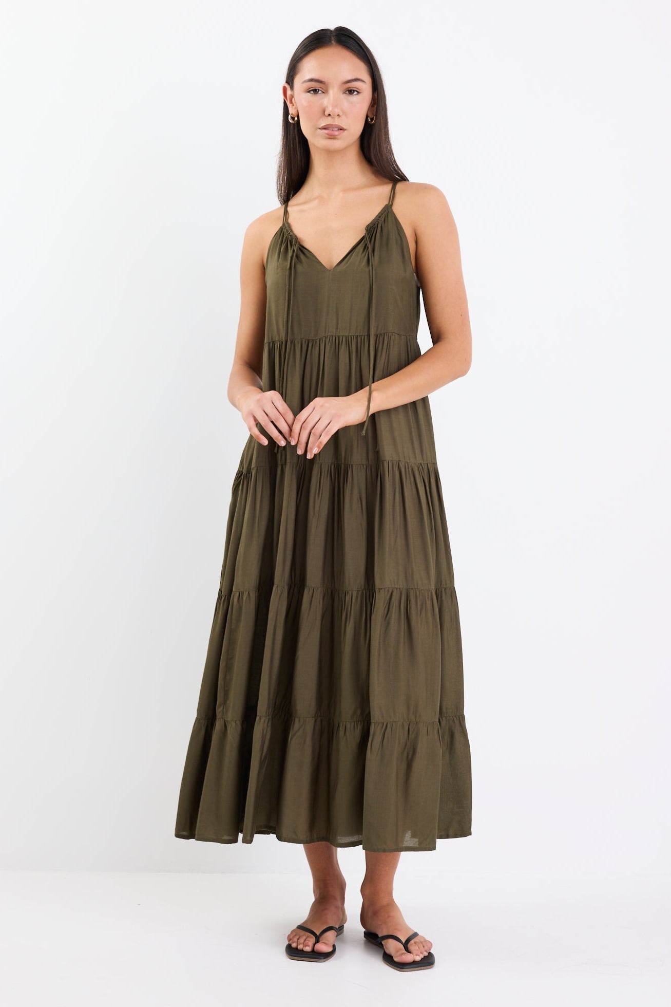 Affair Olive Strappy Tiered Maxi Dress