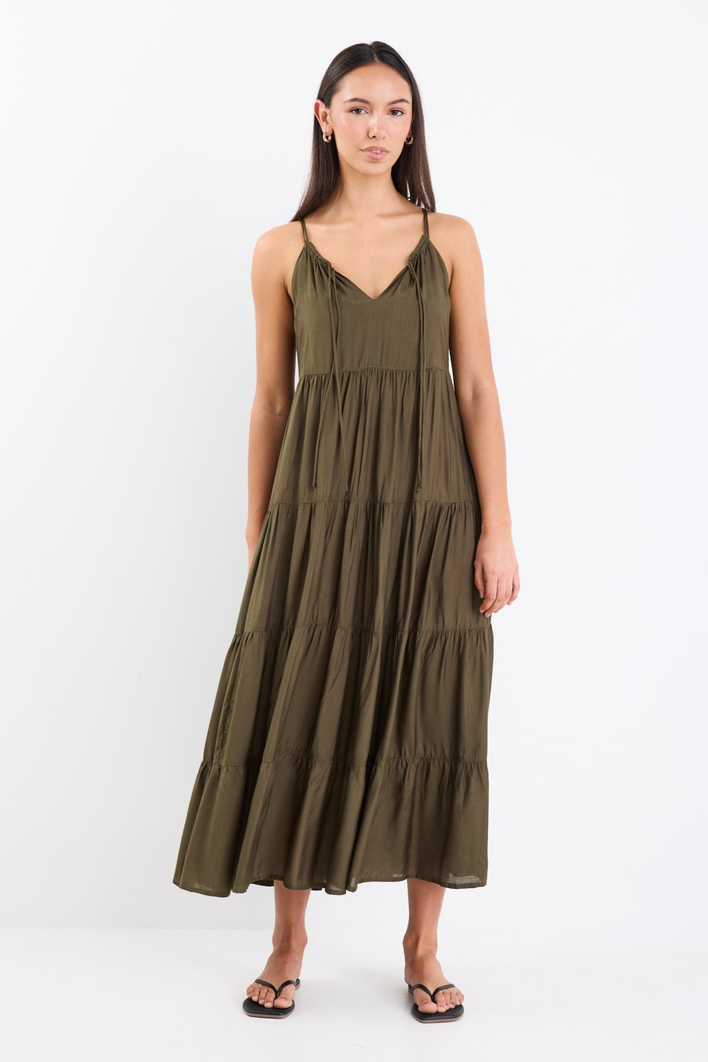 Affair Olive Strappy Tiered Maxi Dress