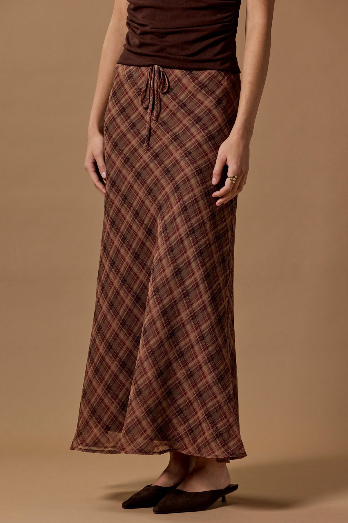 Align Wine Cinnamon Check Tie Waist Bias Maxi Skirt