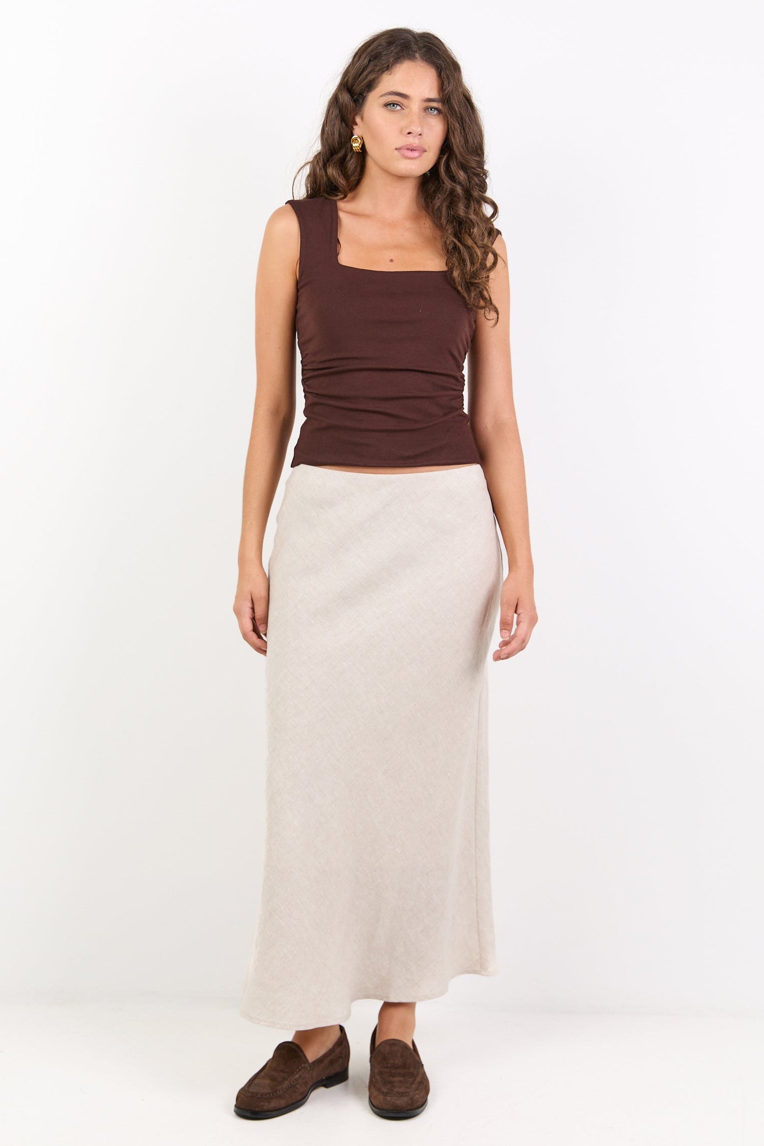 Bliss Natural Linen Bias Midi Skirt