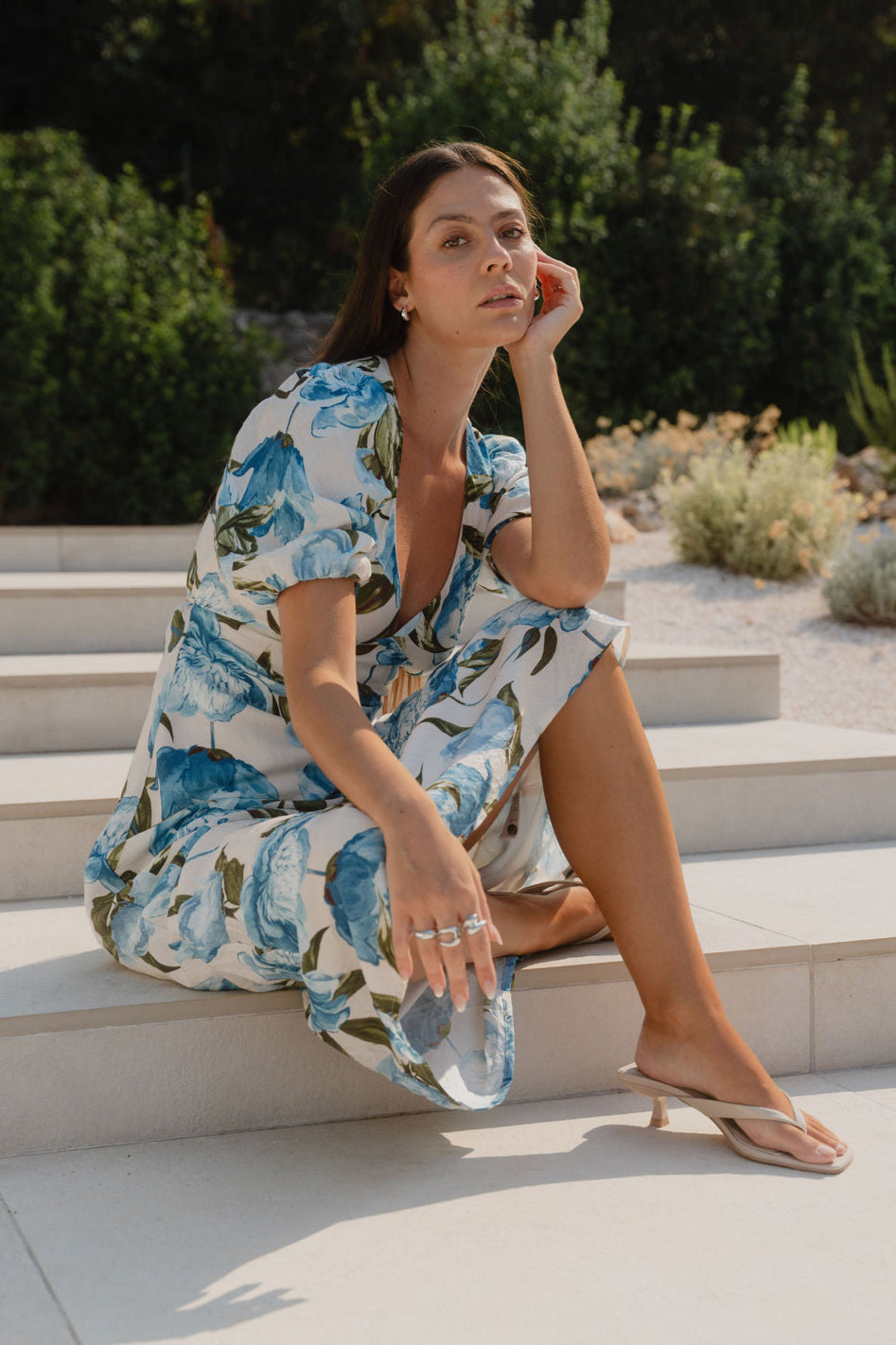 Amora Blue Vintage Floral SS Bias Midi Dress